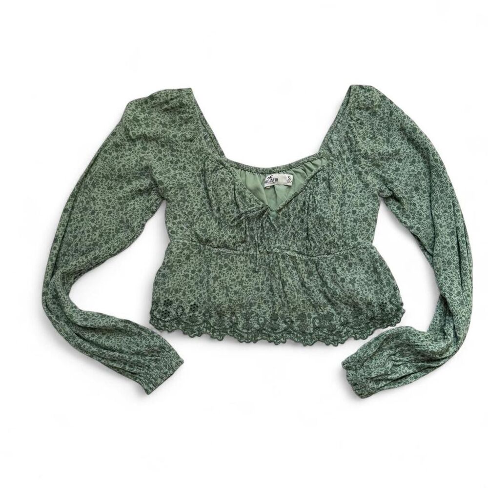 Hollister Y2K Babydoll Boho Peasant Green Floral Fairycore Balletcore Top Size S